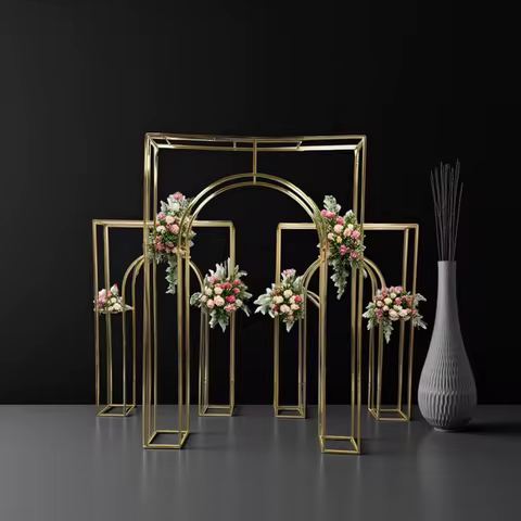 Shiny Gold Double Arch Artificial Flower Display Stand, Wedding Stage, Welcome Aisle, Door Backdrops