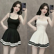 Women's 2-Piece Shirt Set Mixed with Striped Pleated Skirt