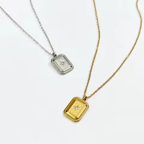 Peri'sBox Vintage Geometric CZ Stones Charm Necklaces For Women Titanium Steel Zircon Polaris Square