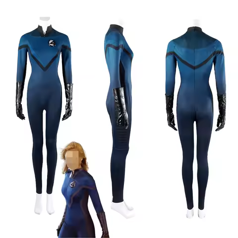 Woman Sue Storm Cosplay Costume Blue Fighting Jumpsuit With Gloves Full Set Halloween Christmas Supe