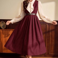 Vintage Elegant Ladies' Belted Midi Dress With Pleated Hem Women Vest Thanksgiving Women Outfit Red 