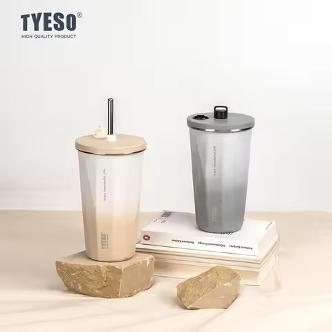TYESO Vacuum Fashion Straw Coffee Cup Stainless Steel Flask Leak-Proof Covered Cup Multicolored Port