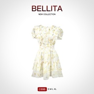 C698 BELLITA Cream Chiffon Mini Dress Cute Floral Print Suitable For Wearing To A Cafe. Go Out
