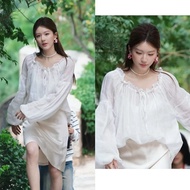 Xu Me Dazzling White Round Neck Lantern Sleeve Shirt - Stylish Design for Women