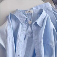 Plus Size Women's Comfortable Fit Blue Pure Cotton Long Sleeve Shirt - Goes With Anything