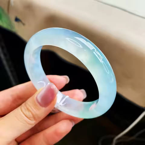 Myanmar A Women Type White Moonlight Blue Jadeite Jade Bracelet With Certificate