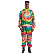 Mens Colorful 80s 90s Performance Showing Outfit Sets Long Sleeve Zipper Jacket with Pants Set Fashi