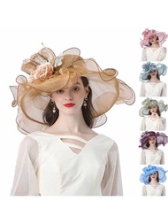 女性花嫁婚禮頭飾,寬邊雪紡帽,2024肯塔基德比優雅配羽毛