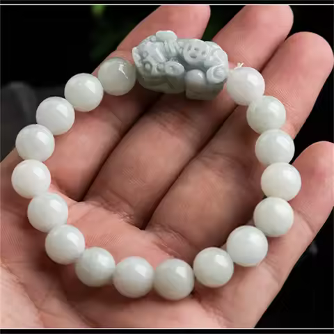 Jia Le/Hand-Carved/Natural Ice Species Jade Pixiu Bracelet Elastic Beaded For Women Men Couple Fine 