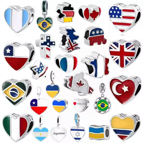 New S925 Silver National Flag Heart Charms USA UK Brazil Italy Flag Beads Pendant Women Travel Birth