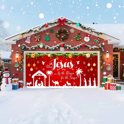 Red Jesus Christmas Garage Door Decorations, 16X7ft Garage Door Banner Backdrop Holy Nativity Religi