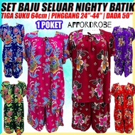 3XL Nighty Batik Cotton Set Baju Seluar Sleeping Big Shirt Pants/Baju Tidur Kaftan Seluar 3/4 Lengan Pendek Saiz Besar