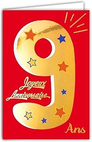 Afie 69-2409 Children's 9th Birthday Card Glossy Gold with Envelope 69-2409 Made in France