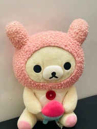 San-X Rilakkuma Korilakkuma Bear Pink Bunny Ears Japan Red Button 11"