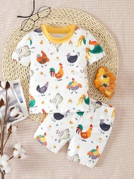 嬰兒男孩可愛的公雞印花短袖緊身t恤和短褲2件套居家服裝組合