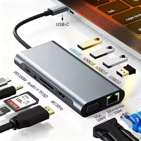 USB C HUB, USB C Adapter 11 in 1 Dongle with 4K HDMI/VGA/Type C PD/RJ45/ SD/TF Card Reader For MacBo