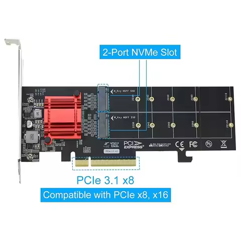 Dual NVMe PCIe Adapter,M.2 NVMe SSD to PCI-E 3.1 X8/X16 Card Support M.2 (M Key) NVMe SSD 22110/2280