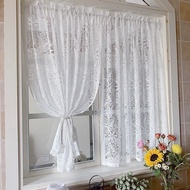 White Rose Floral Embroidery Lace Short Curtains Kitchen Valance for Doorway Rod Pocket Cabinet Hollow Out Flower Sheer Cafe Half Curtain Room Divider for Small Window 2 Panels