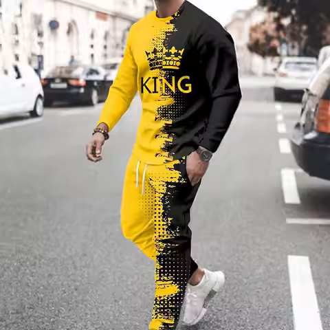 Men's Splicing T-shirt 2-Piece 3D Print Long Sleeve T shirt Pants Set Casual Sports Outdoor Streetwe