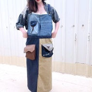 手工製作牛仔拼接吊帶釦造型長版圍裙