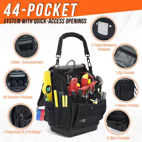 Electrician Tool Bag,44-Pockets Pro Pack Tool Bag,Pro Pac,Small Sturdy Base Heavy Duty Tool Pouch fo
