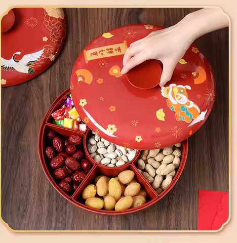 Spring Festival Home Spinning Fruit Box Candy Melon Seed Plate Storage Box Divided Snack Plate