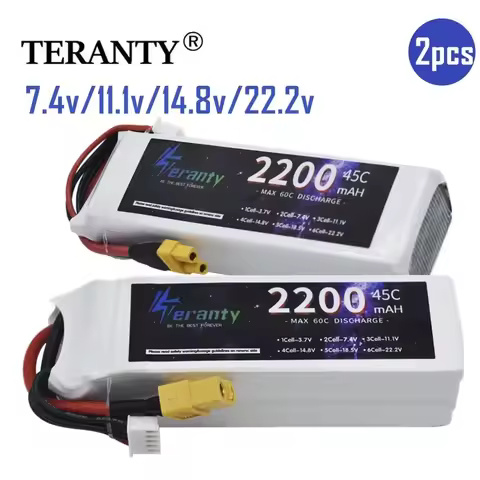 2 Pieces TERANTY 2S 3S 4S 5S 6S Lipo Battery 7.4V 11.1V 14.8V 22.2V 2200mAh RC Dorne Car Model 45C B