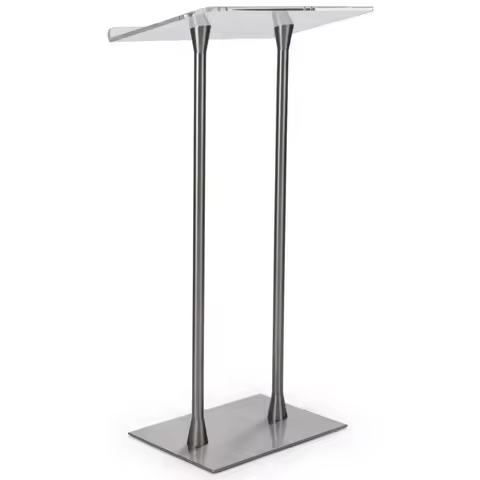 Clear Top Surface Silver Glass Church Pulpit Acrylic Podium Lectern With Steel Poles