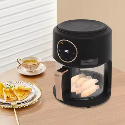 Black 4.2L Visible Glass Air Fryer 1200W 360 Degree View Basket Touch Screen 8 Preset Oil Less Fryer