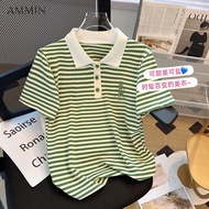 Ammin Áo thun cotton nguyên chất sọc xanh thêu chữ cái cổ Polo phong cách Hàn Quốc Áo Áo Blouse than