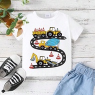 เสื้อยืดแขนสั้นสำหรับเด็กผู้ชาย ลายรถบรรทุก เครื่องผสม เครื่องขุดดิน เหมาะสำหรับใส่ออกไปข้างนอกในฤดู