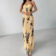 Váy karaoke xẻ tà trước nhún bèo họa tiết hoa mơ thanh lịch mới, thích hợp cho ngày lễ tình nhân, kh