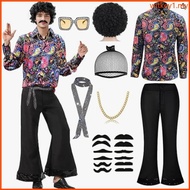 WIT 70s Disco Outfits for Men Disco Costume Outfits with Bells Bottom Pants Sunglasses Wigs Necklace