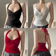 SAMANTHA Ribbon Front Backless Coquette Basic Top Halter Top Backless Top