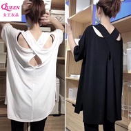 镂空交叉美背落肩蝙蝠短袖T恤女宽松300斤加大码中长款上衣 大碼 女裝 上衣 顯瘦 大碼t shirt oversize t shirt woman Hollow Cross Beautiful Ba