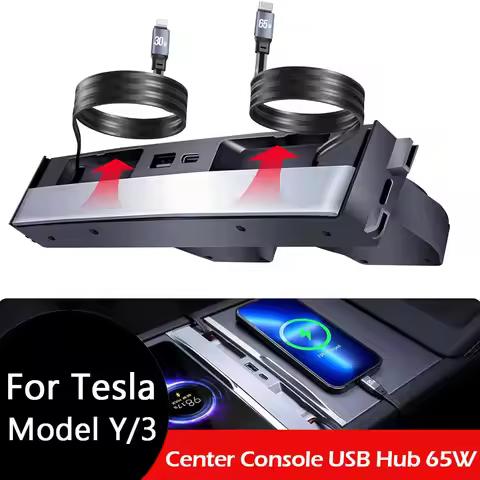 65W USB Hub for Tesla Model Y Juniper 2025 Fast Charger Model 3 Highland Charger Hub 4-Ports Retract