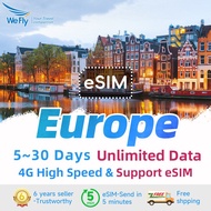 Wefly Europe eSIM 3-30 Days unlimited 4G Data Daily 2GB 24h instant email/chat delivery Europe eSIM for 34 countries