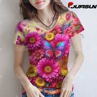 เสื้อยืด 2568 เสื้อลายดอกสงกรานต์ เสื้อผ้าผู้หญิง เสื้อคอวีผู้หญิง เสื้อลายดอก เสื้อเชิ้ตแขนสั้นกลาง