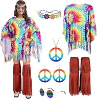 Puddry 60s 70s Hippie Costume Women's Set with Hippie Poncho Women and Hippie Accessories, Hippie Cl