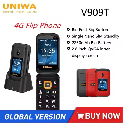 UNIWA V909T 4G Flip Phone Dual Screen Single Nano Cellphone Big Push-Button Mobile Phone for Elderly