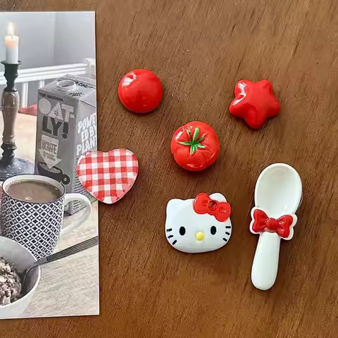 Kawaii Hello Kitty Refrigerator Plaster Set Japanese Charm Bow Spoon Hello Kitty Tomato Heart Refrig