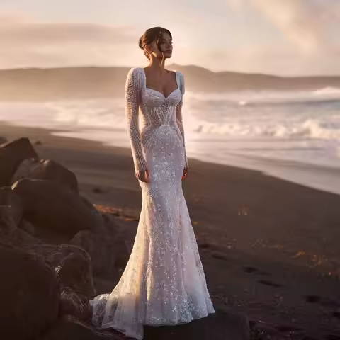 Lush Mermaid Wedding Dress for Bride 2026 Heart Neck Long Sleeve Beading Bridal Gowns Customized сва