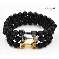 [GZM]Unisex Fashion Black Matte Stone Dumbbell Fitness Gym Adjustable Punk Bracelet