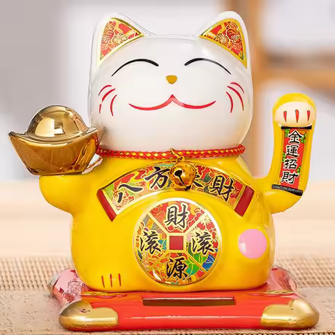 Solar Powered Lucky Cat Statue Ceramic Waving Arm Fortune Cat Ornament for Car Dashboard Home Office