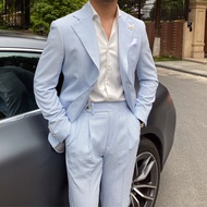 Mr. Lusan Summer Thin Men's Casual Blue Striped Seersucker Suit Suit British Style Suit Trendy