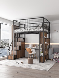 Small-sized multifunctional custom-made space-saving duplex attic upper and lower loft suspended wrought iron elevated bed with ladder cabinet