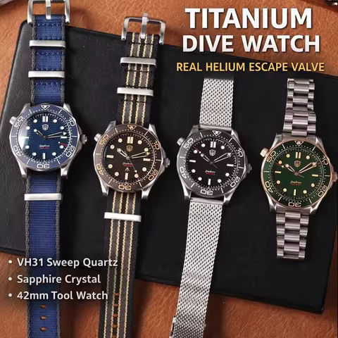 Watchdives WD007Q Titanium Dive Watch 42mm VH31 Sweep Quartz Men Watch Sapphire Crystal Helium Escap