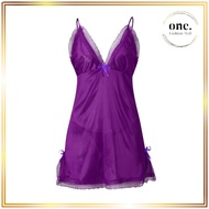 ONEFASHIONMALL Lingerie Dress Satin Mini Deep V Silk Baju Tidur Wanita Sexy Mini Daster Renda BT004