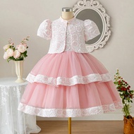 2pcs/Set Tween Girl Jacquard Cardigan And Round Neck Sleeveless Mesh Dress, Matching Sisters Outfit