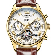 Carnival Mens Automatic Mechanical Hollow Out Night Light กันน้ําแฟชั่นของแท้ หนัง สายคล้อง นาฬิกาพร